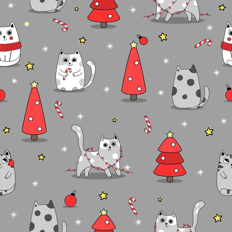 jul seamless bakgrund söta kattungar i snö för vintern. doodle stil vektor