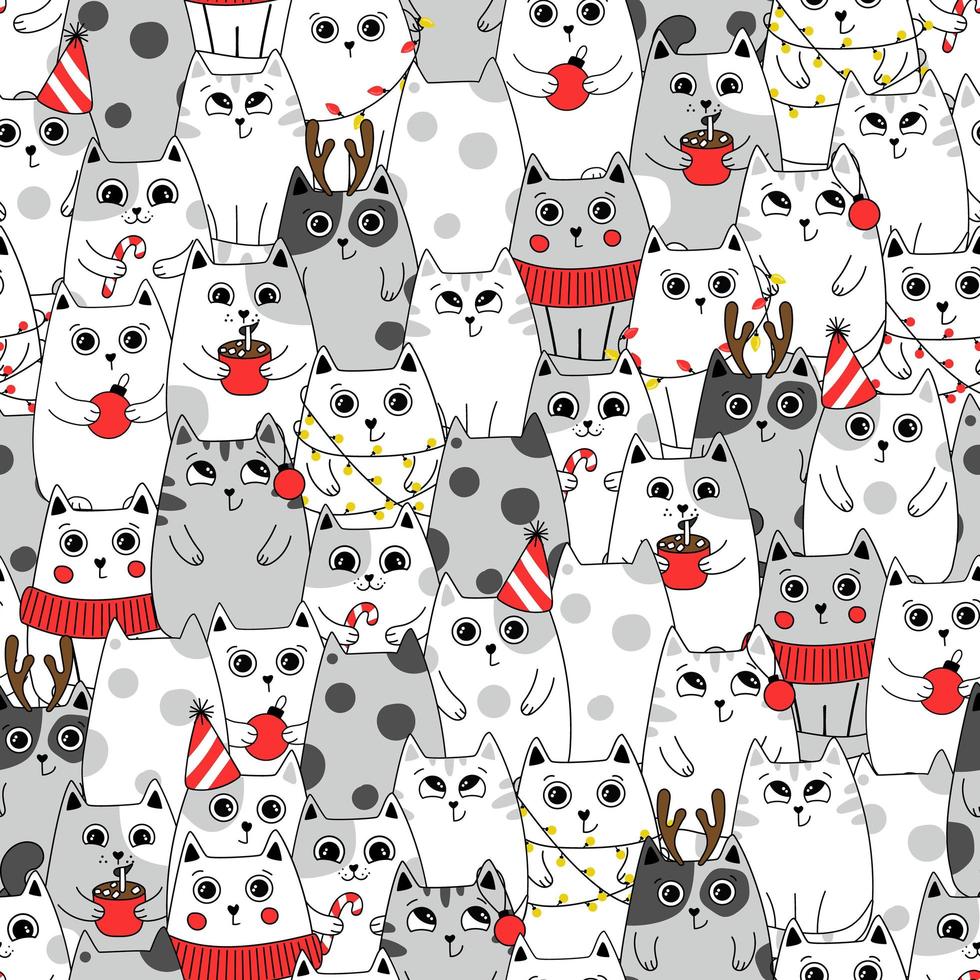 nahtlose Muster Hintergrund süße Katze im Schnee für den Winter. Doodle-Stil. kann für weihnachtsdesign verwendet werden. vektor