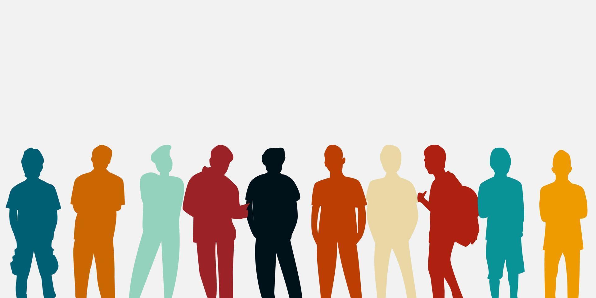Gruppenvielfalt Silhouette multiethnische Menschen. Gemeinschaft von Kollegen oder Mitarbeitern. zusammenarbeiten. männliche soziale Netzwerkgemeinschaft unterschiedlicher Kultur. vektor
