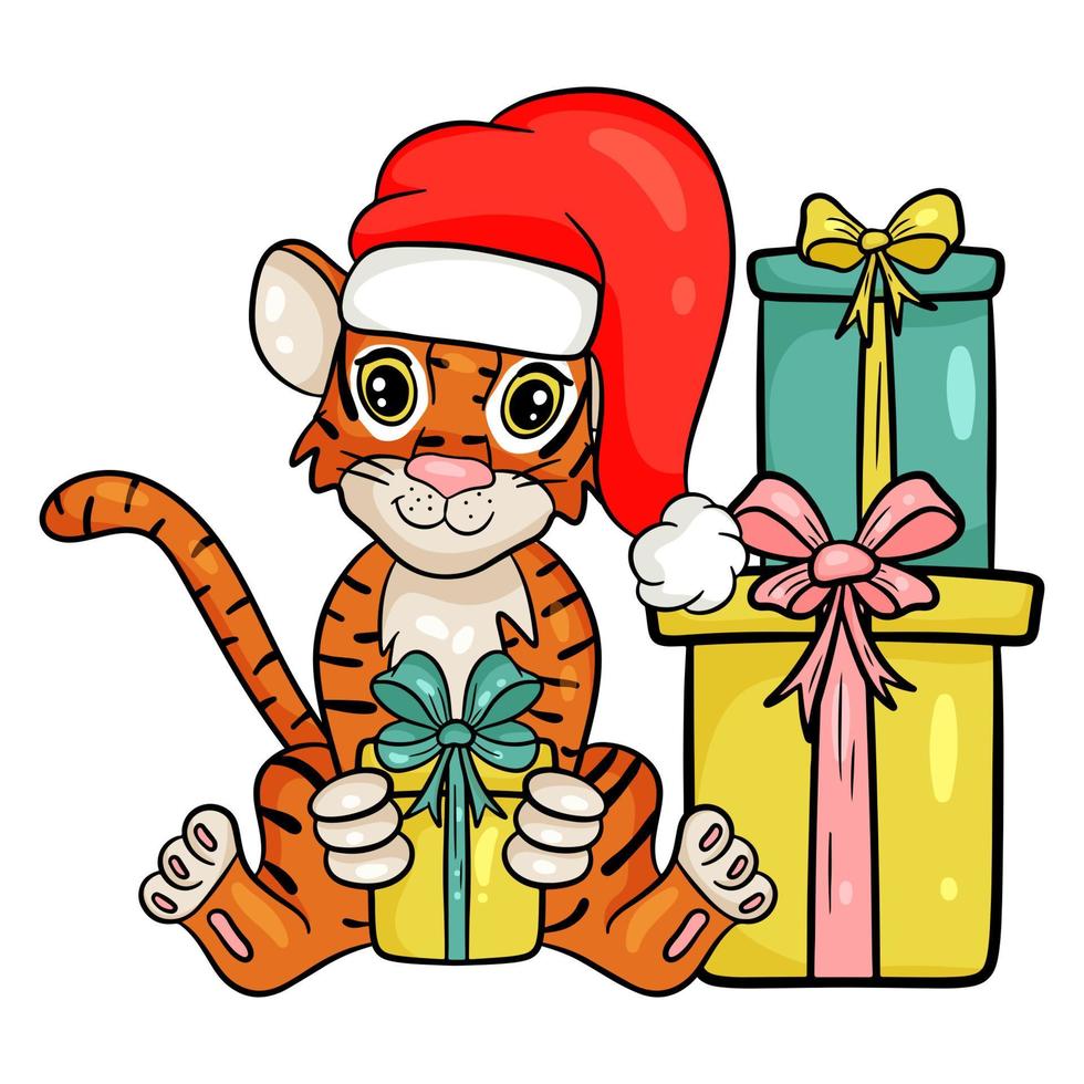 Tiger in Weihnachtsmütze mit Geschenken. Symbol des neuen Jahres nach chinesischem oder östlichen Kalender. bearbeitbare Vektorgrafik, Cartoon-Stil vektor