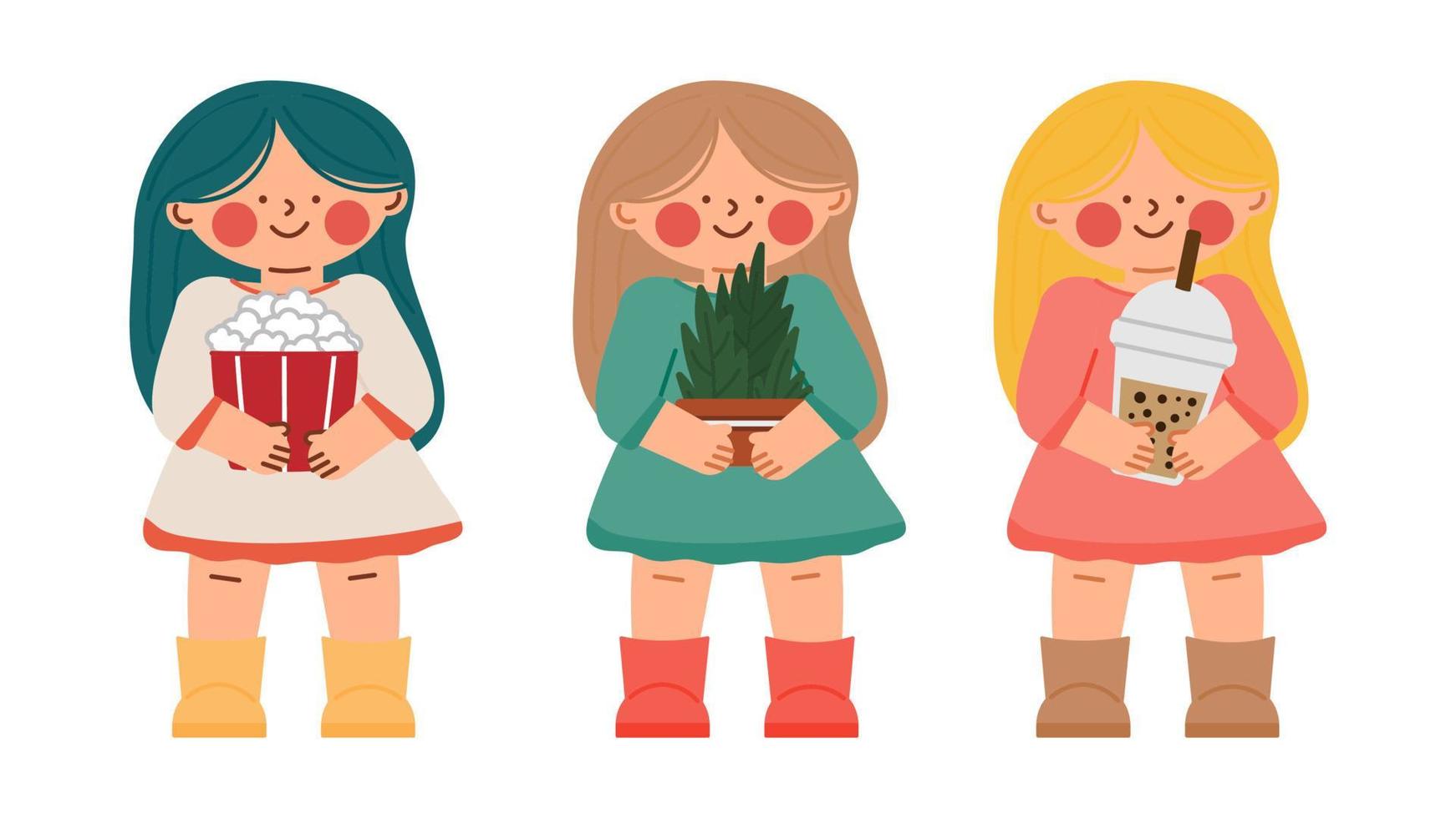 små roliga karaktär tonårsflickor med växter i en kruka med en drink och popcorn står och ler. vektor illustration i tecknad stil.