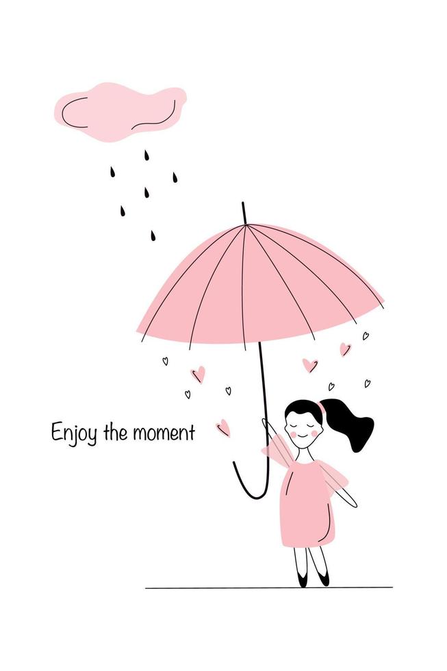 liten tecknad flicka med rosa paraply. vektor illustration