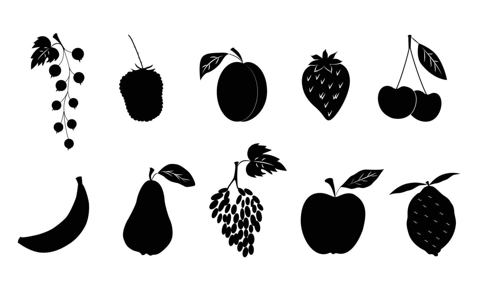 svarta silhuetter på en vit bakgrund, olika frukter och bär, äpple, päron, aprikos, vinbär, körsbär. vektor illustration.