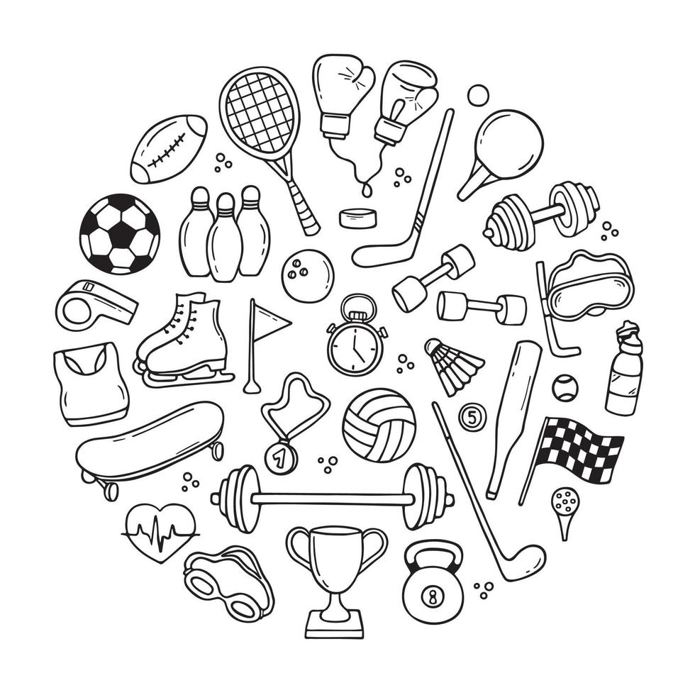 uppsättning av sport- och träningsutrustning i doodle-stil med boll, tennisracket, medalj, hantel, kopp, handskar. handritad vektorillustration isolerad på vit bakgrund. vektor