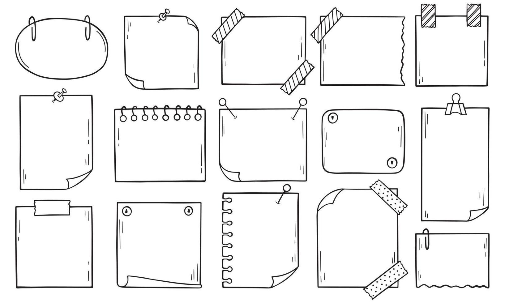 uppsättning papper sida doodle. memo papper klibbigt med nål i skiss stil. handritad vektorillustration isolerad på vit bakgrund. vektor