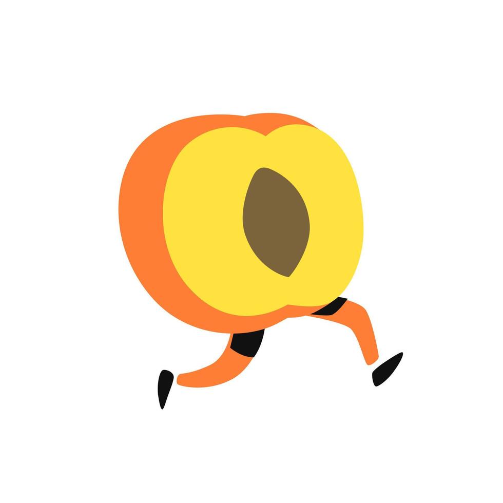 Illustration eines laufenden Pfirsichs. Vektor. Symbol für köstliche Aprikosenfrüchte. flacher Cartoon-Stil. Lieferservice-Logo. Emblem für Öko-Produkte-Shop. vektor