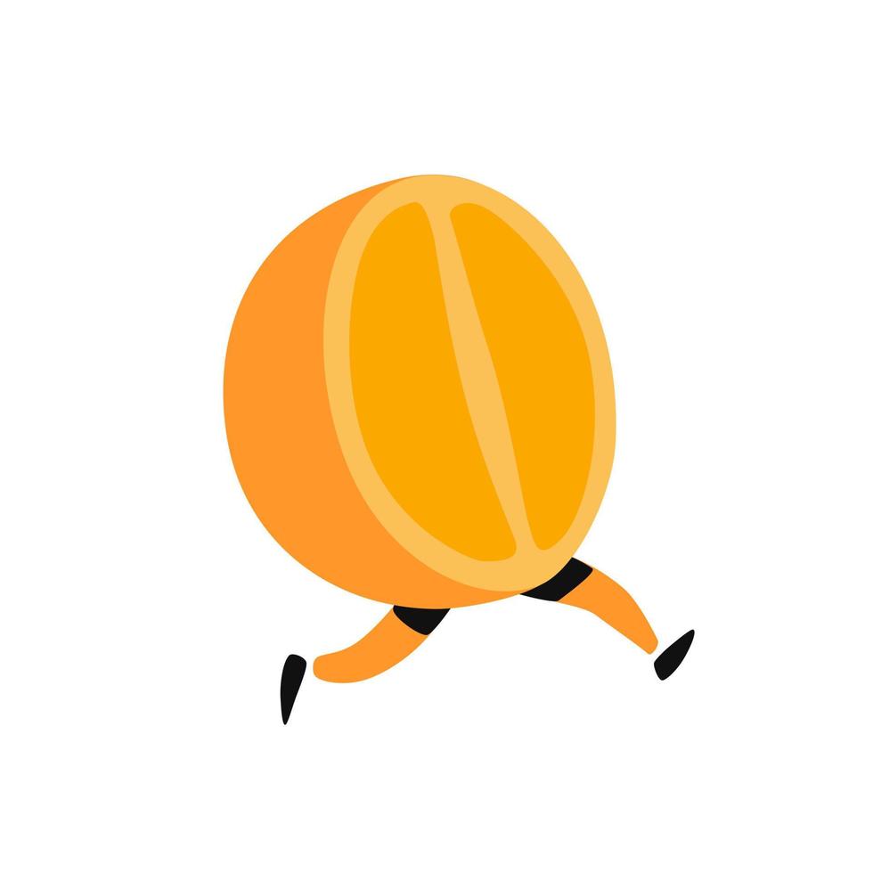 Illustration einer laufenden Orange. Vektor. Symbol für leckere Orangenfrüchte. flacher Cartoon-Stil. Lieferservice-Logo. Emblem für Öko-Produkte-Shop. vektor