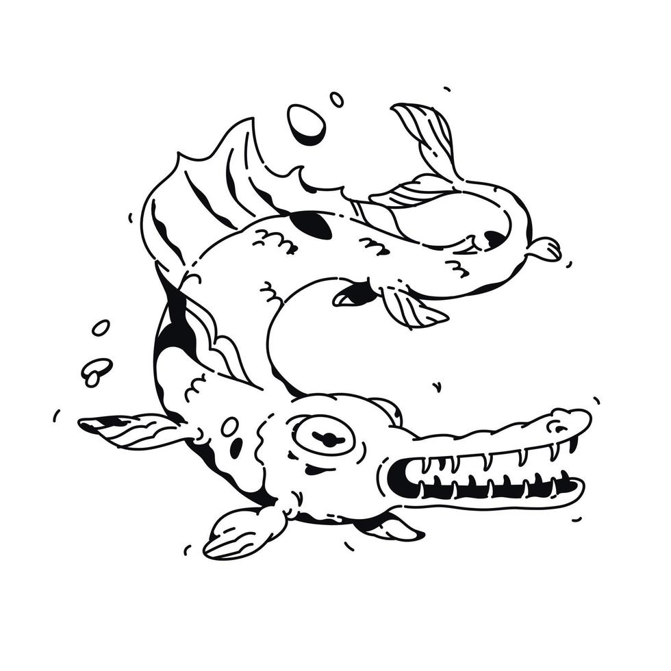 Illustration eines Cartoon-Fischs. Vektor. lineare Zeichnung für ein Tattoo. Firmenmaskottchen für das Unternehmen. Abbildung für T-Shirt. ein schrecklicher Monsterfisch, Drehungen und Grinsen, zahniger Schlund. vektor