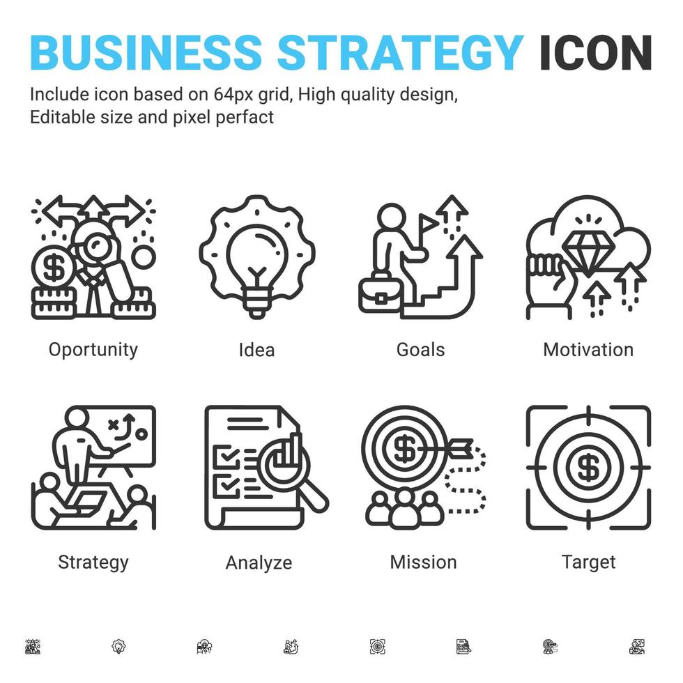 affärsstrategi ikon med linje stil isolerade. ikonambition, mål, målövning, konferens, presentation, brainstormsession, personligt fokus, lagarbete och coworking-teckensymbol för företag vektor