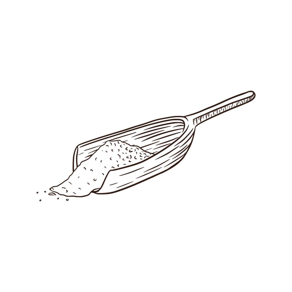 träskopa med vitt pulver. graverad illustration. handritad sked med vita korn för logotyp, recept, tryck, klistermärke, bageri meny design och dekoration vektor