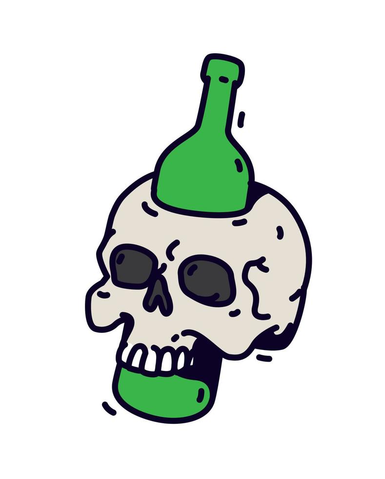 Abbildung eines Schädels mit einer Flasche. Vektor. eine grüne Flasche durchbohrt einen Schädel. motivierende Inschrift, nicht zu trinken. Alkohol ist der Tod. vektor