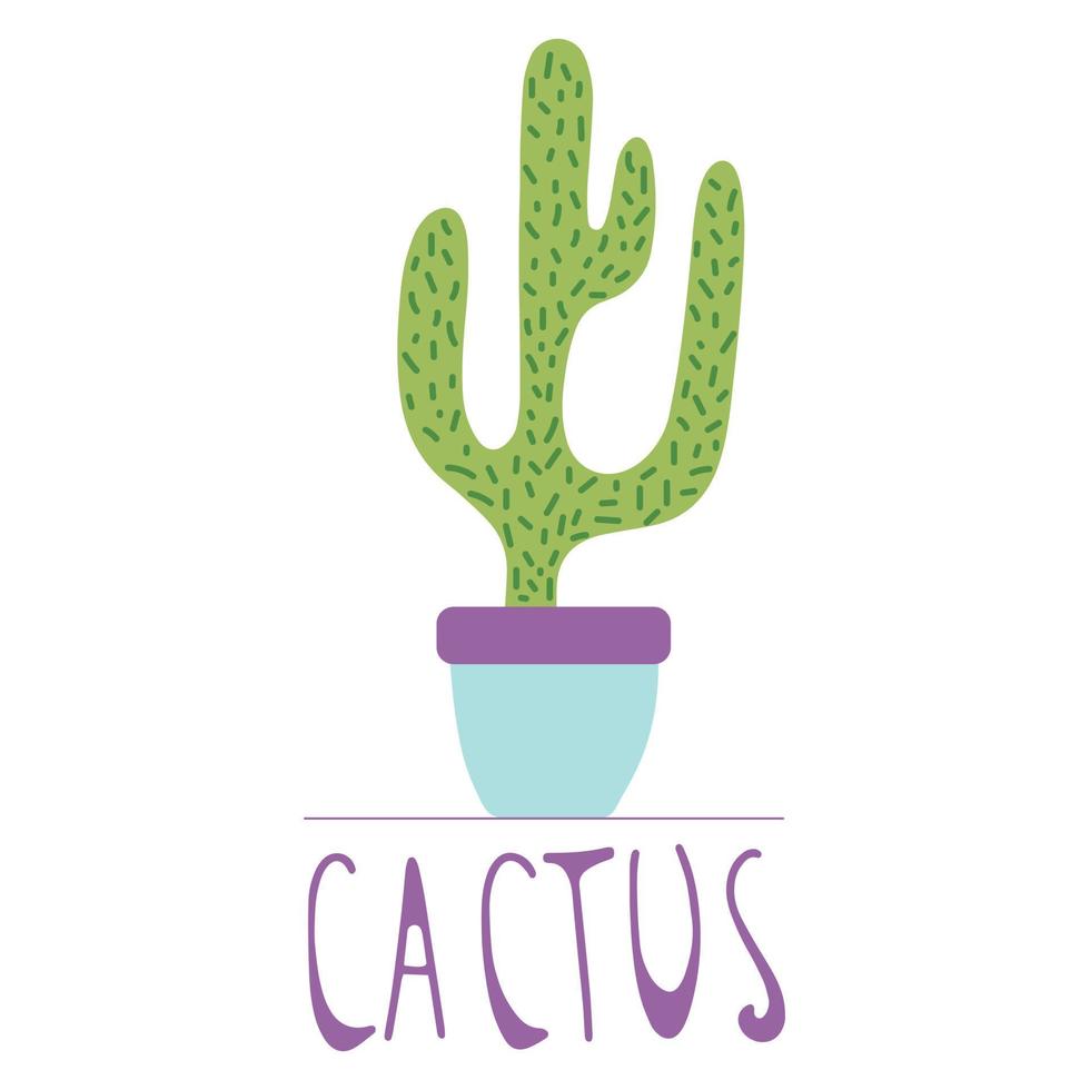 handgezeichneter Kaktus in einem bunten Keramiktopf, Doodle-Stil, isoliert auf weißem Hintergrund. vektor