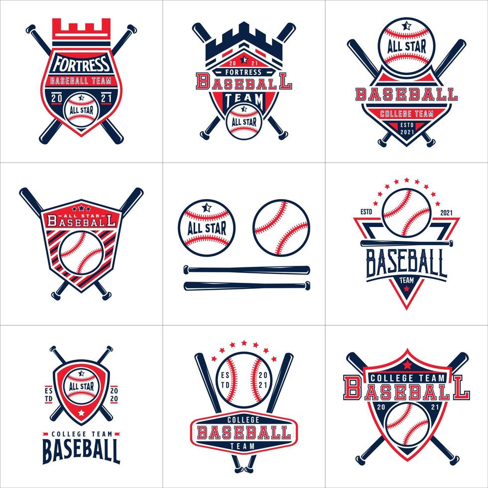 Satz von Baseball-Abzeichen-Logo-Design-Vorlagen. Sportmannschaftsidentitätsvektorillustrationen lokalisiert auf weißem Hintergrund. Baseball-Themen-T-Shirt-Grafiken vektor