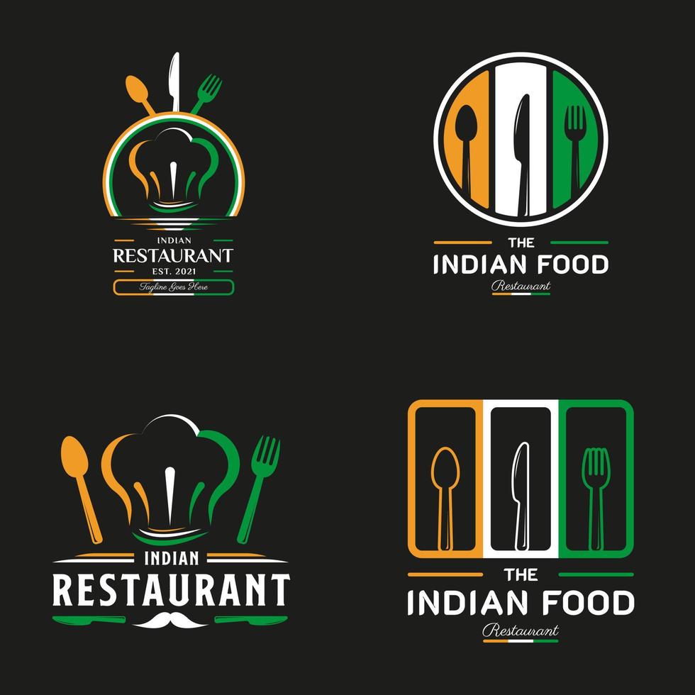 indisches Restaurant-Logo. Indien-Flaggensymbol mit Löffel-, Gabel-, Schnurrbart- und Messersymbolen. Premium- und Luxuslogo vektor