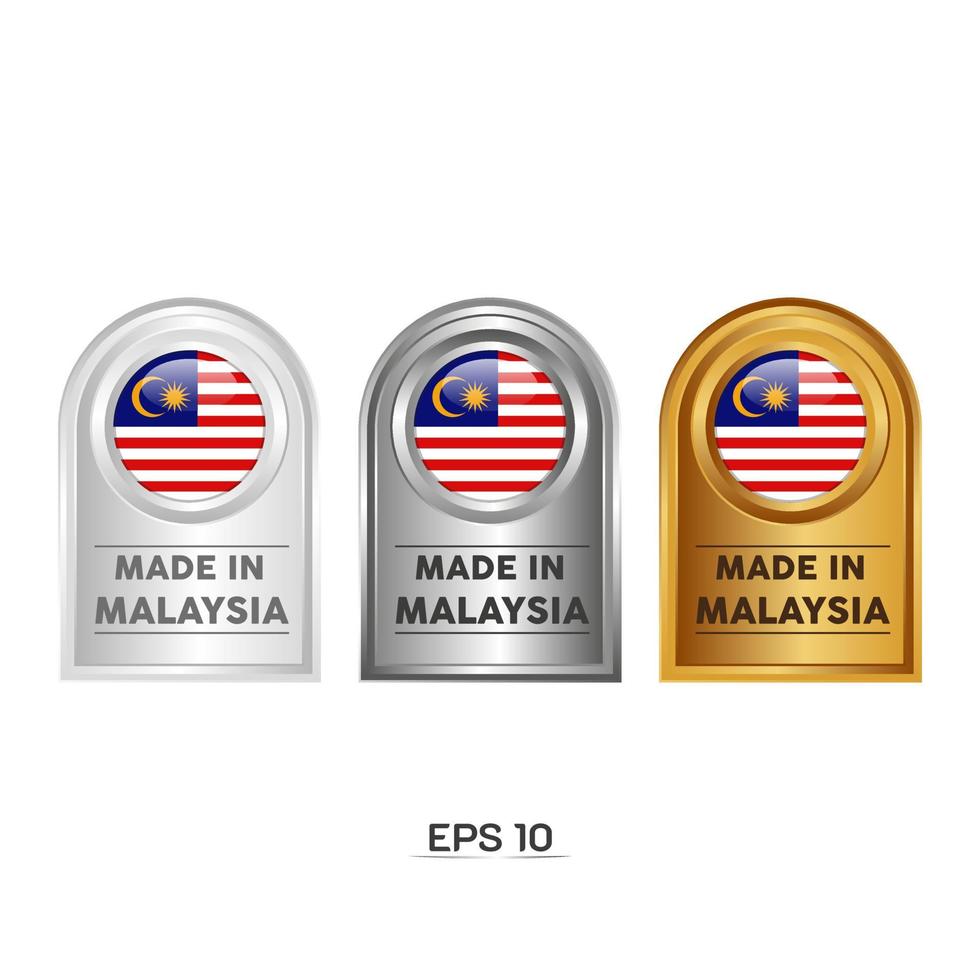 Hergestellt in Malaysia Etikett, Stempel, Abzeichen oder Logo. mit der Nationalflagge von Malaysia. auf Platin-, Gold- und Silberfarben. Premium- und Luxusemblem vektor