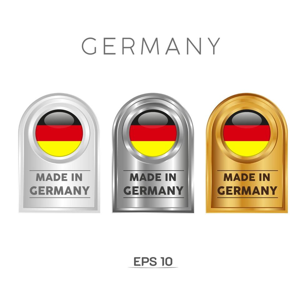 Made in Germany Etikett, Stempel, Abzeichen oder Logo. mit der Nationalflagge von Deutschland. auf Platin-, Gold- und Silberfarben. Premium- und Luxusemblem vektor