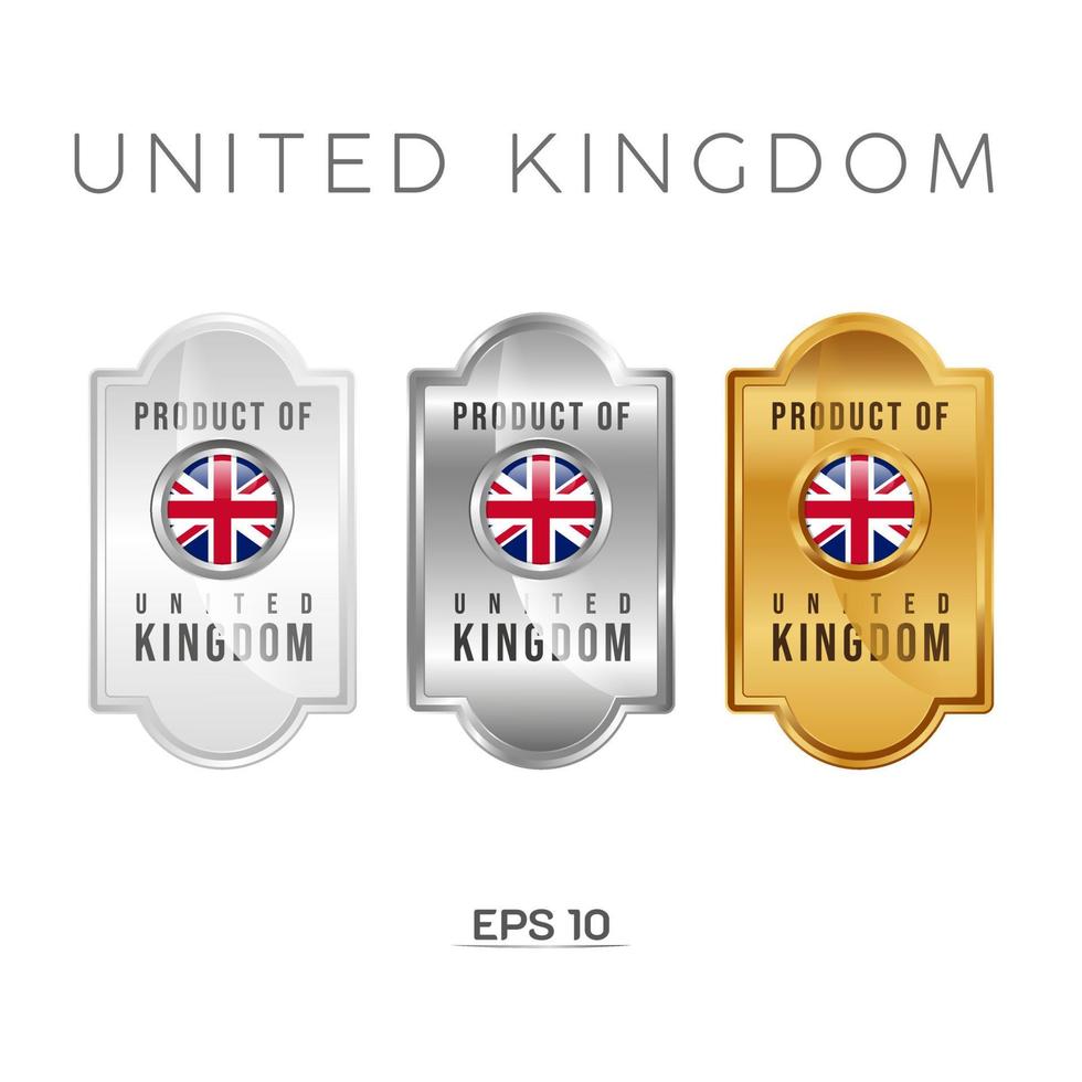 tillverkad i United Kindom-etikett, stämpel, märke eller logotyp. med den nationella flaggan för Storbritannien, Storbritannien, Storbritannien. på platina, guld och silverfärger. premium- och lyxemblem vektor