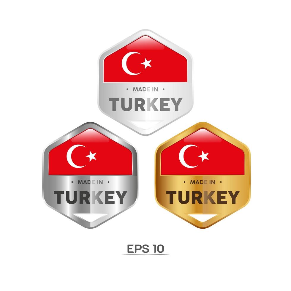 tillverkad i kalkonetikett, stämpel, märke eller logotyp. med Turkiets nationella flagga. på platina, guld och silverfärger. premium- och lyxemblem vektor
