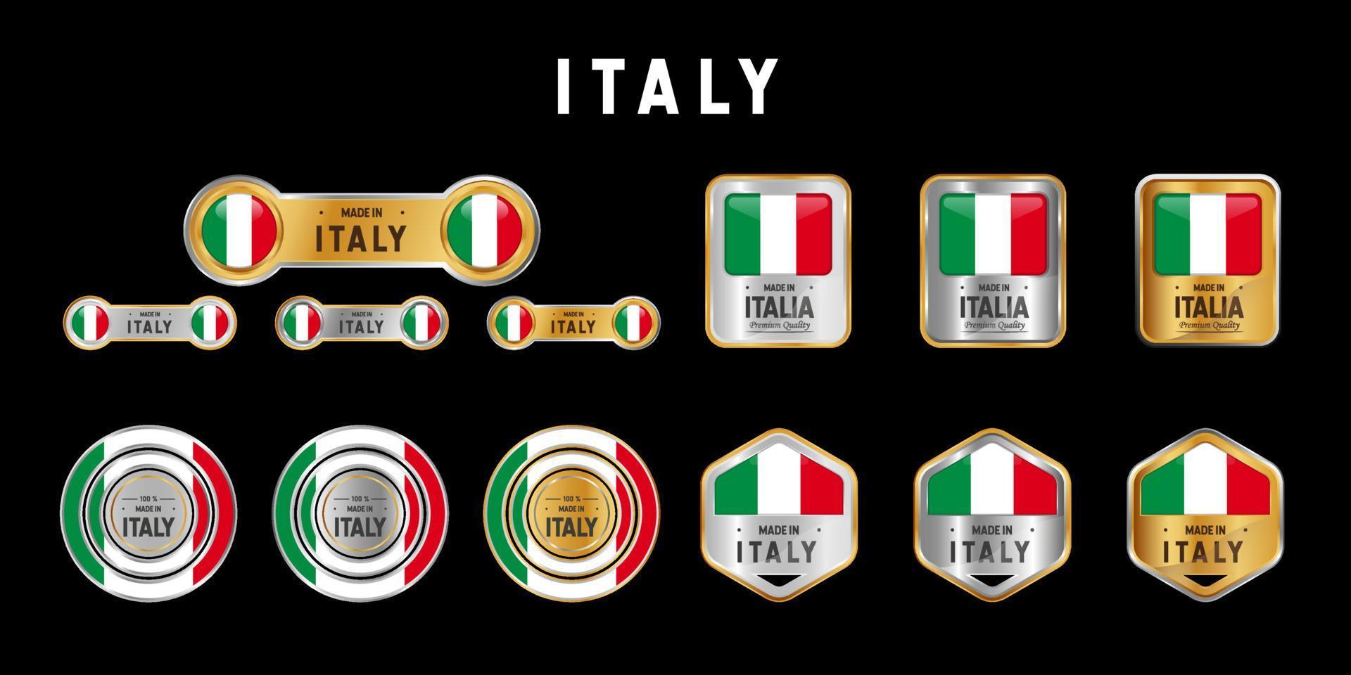 Made in Italy Etikett, Stempel, Abzeichen oder Logo. mit der Nationalflagge von Italien. auf Platin-, Gold- und Silberfarben. Premium- und Luxusemblem vektor