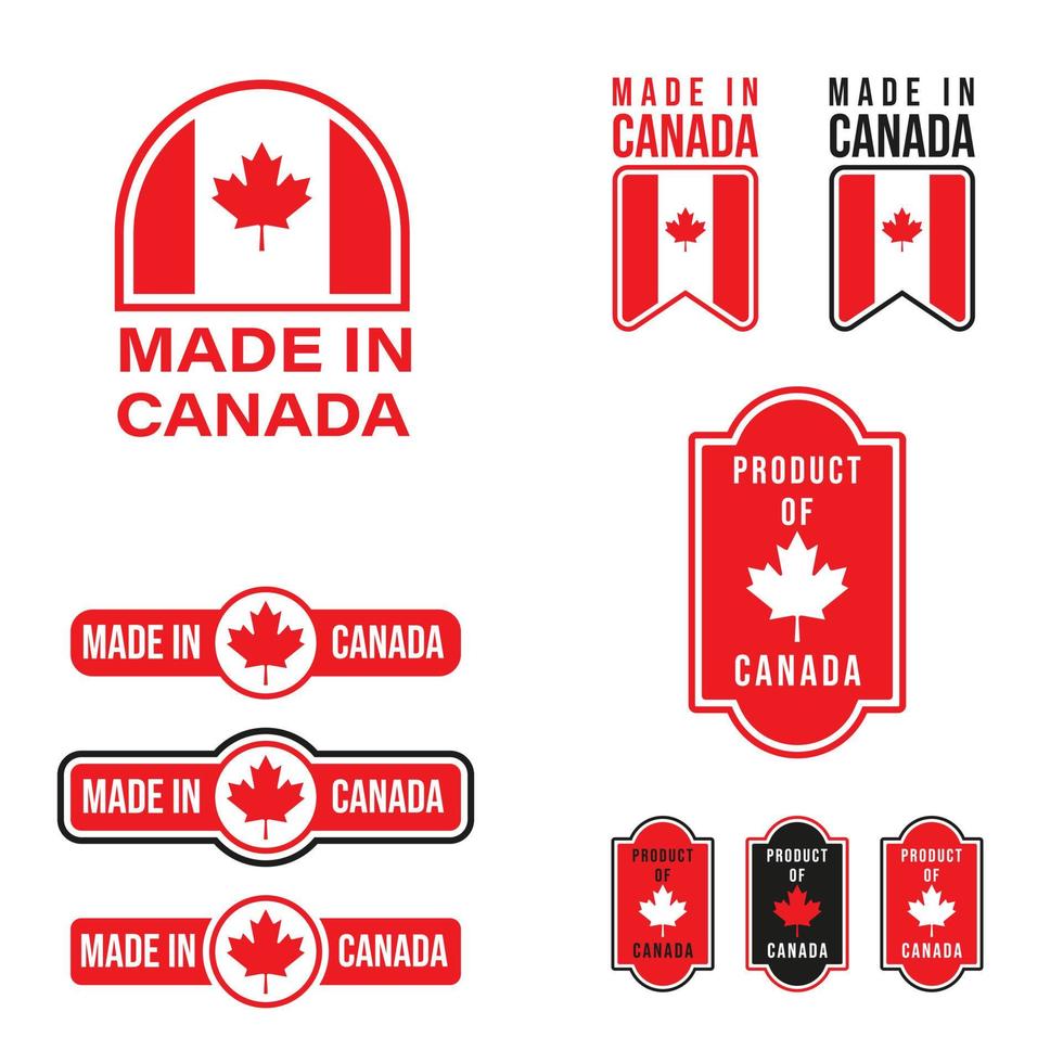 Set aus in Kanada hergestelltem Etikett, Stempel oder Logo. mit der Nationalflagge von Kanada und Ahornblatt vektor