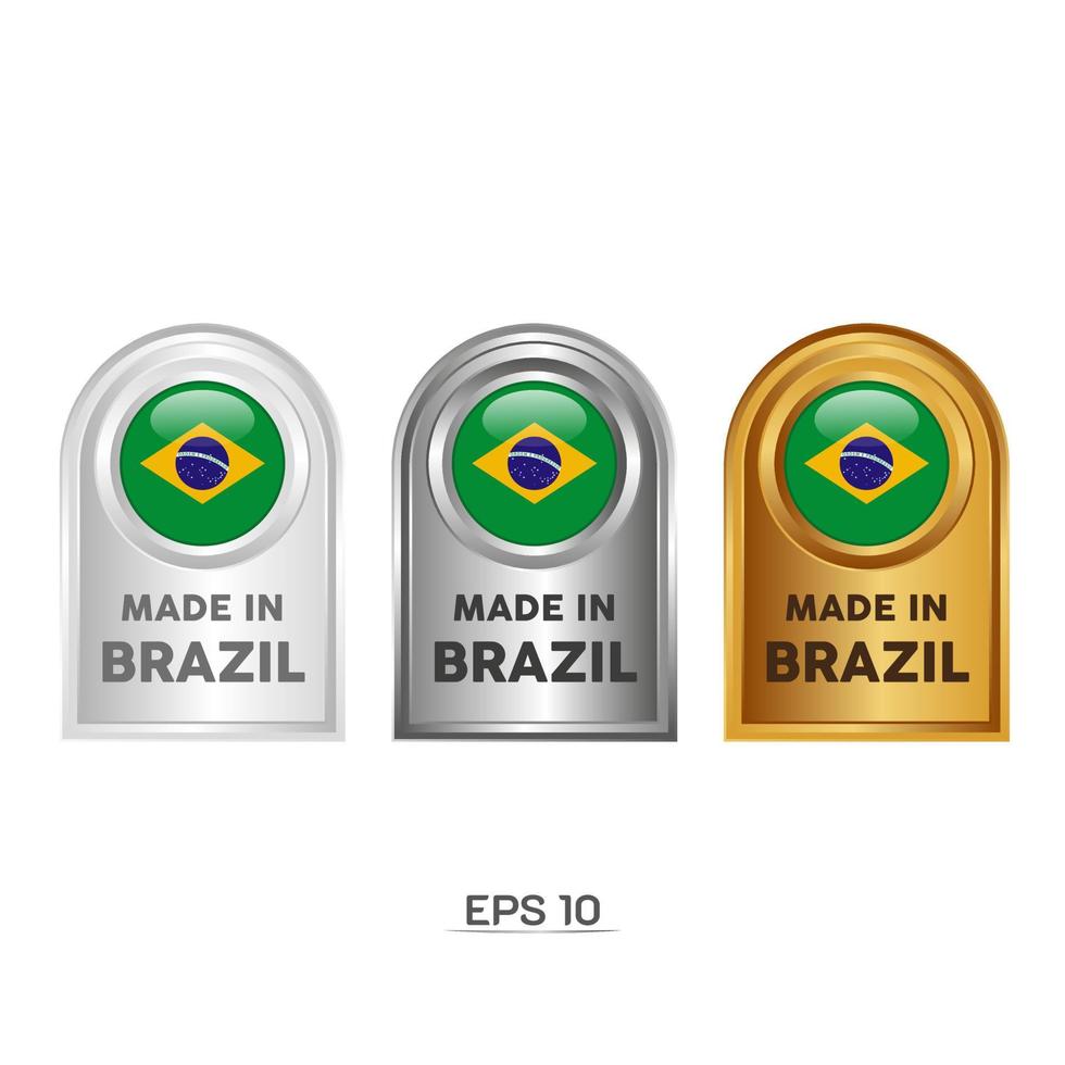 tillverkad i Brasiliens etikett, stämpel, märke eller logotyp. med Brasiliens nationella flagga. på platina, guld och silverfärger. premium- och lyxemblem vektor