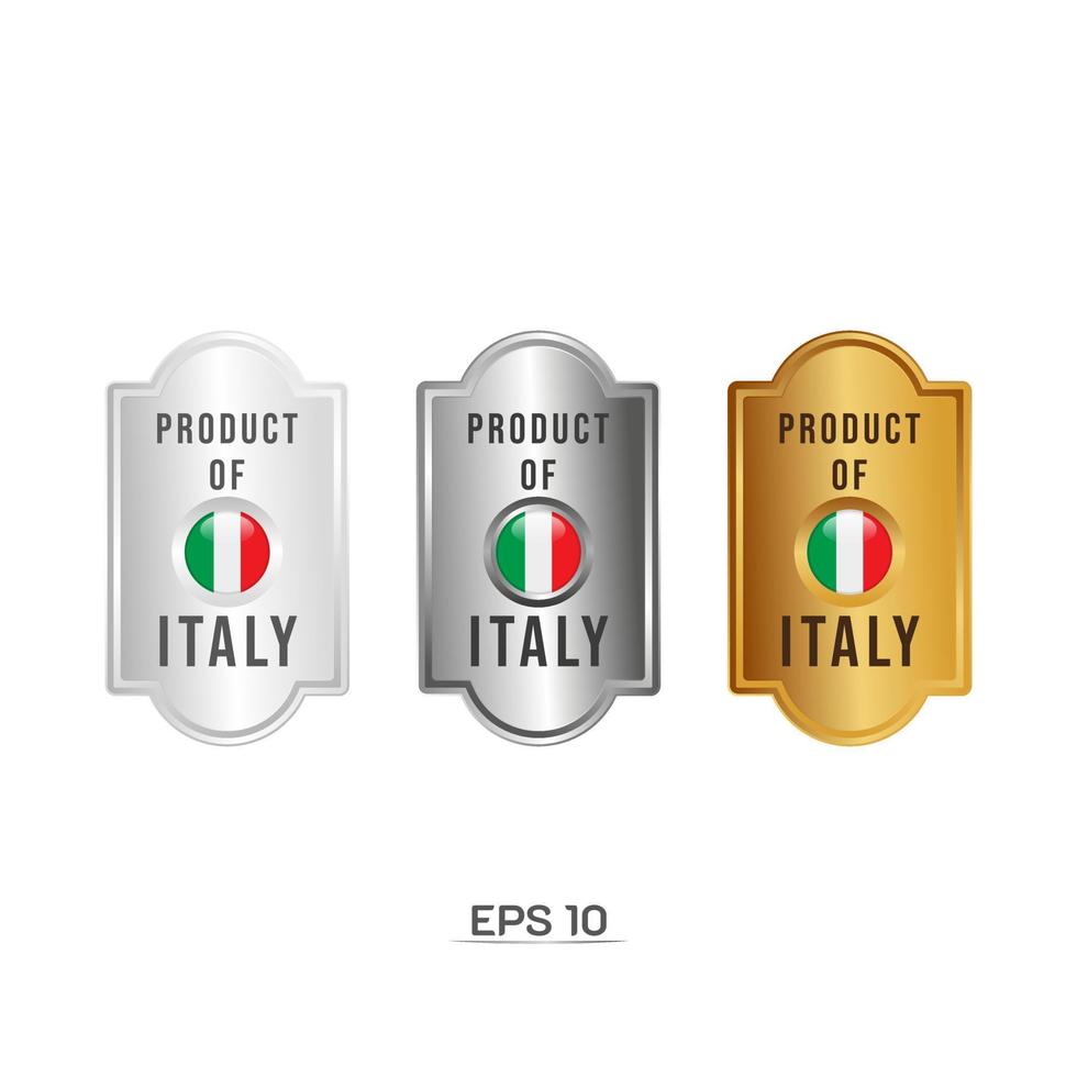 Made in Italy Etikett, Stempel, Abzeichen oder Logo. mit der Nationalflagge von Italien. auf Platin-, Gold- und Silberfarben. Premium- und Luxusemblem vektor