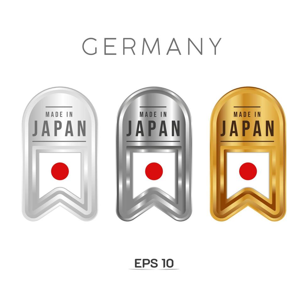 Hergestellt in Japan Etikett, Stempel, Abzeichen oder Logo. mit der Nationalflagge von Japan. auf Platin-, Gold- und Silberfarben. Premium- und Luxusemblem vektor