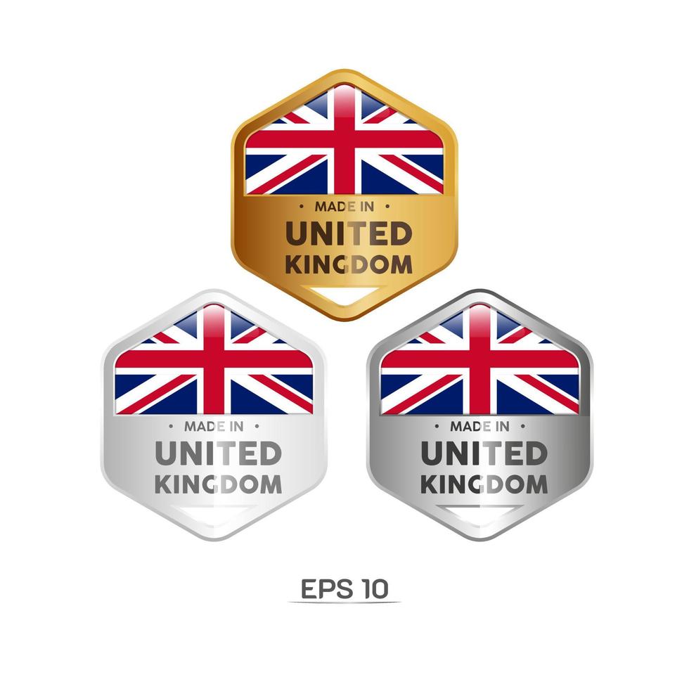 Made in United Kindom Label, Stempel, Abzeichen oder Logo. mit der nationalflagge von uk, großbritannien, briten. auf Platin-, Gold- und Silberfarben. Premium- und Luxusemblem vektor