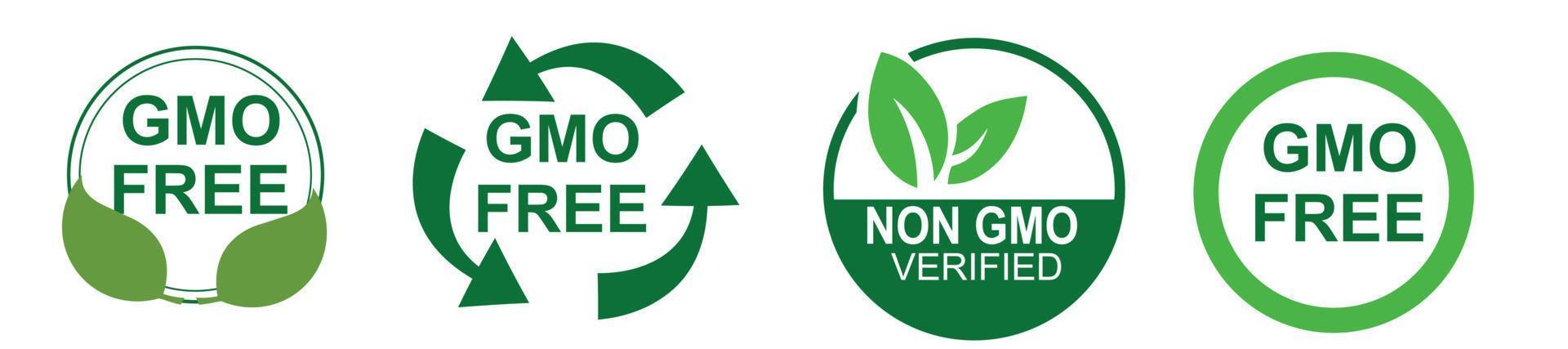 GMO-freie Symbole. Nicht-GVO-Etikettensatz. gesundes Bio-Lebensmittelkonzept. keine GVO-Designelemente für Tags, Produktverpackungen, Lebensmittelsymbole, Embleme, Aufkleber. vegan, bio. Vektor-Illustration vektor