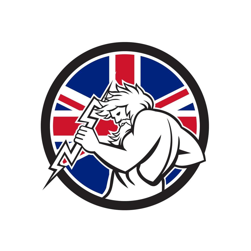 britische zeus mit thunderbolt uk flagge maskottchen im retro-stil vektor