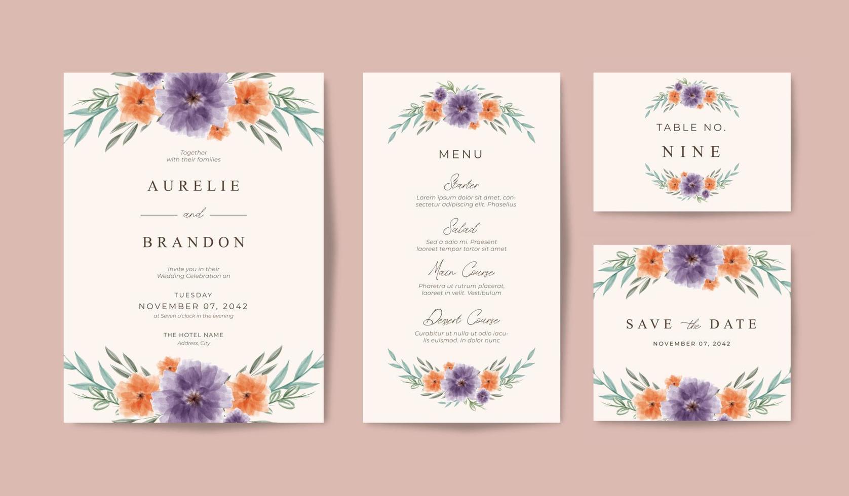 Hochzeitseinladungsschablone mit einfachem und schönem Blumenstrauß floral dekorativ vektor