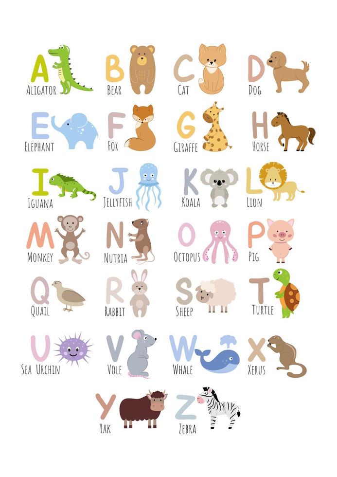 englisches alphabet für kinder mit bildern von süßen tieren. Kinderalphabet zum Lernen von Buchstaben. Vektor einer Zeichentrickfigur. Zoo und Tiere.