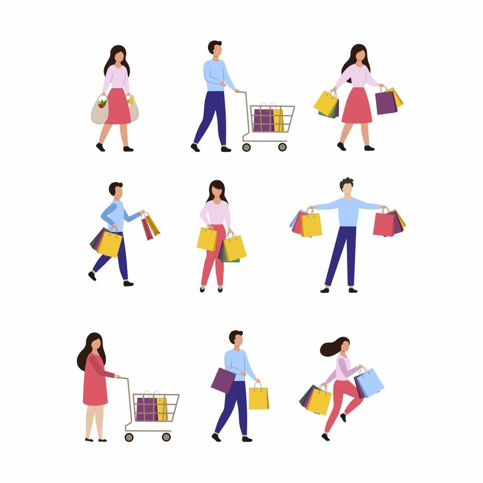 eine Reihe von Menschen, die Einkaufstüten halten. Saisonverkauf in einem Geschäft, Einkaufszentrum, Supermarkt. Männer und Frauen mit Paketen sind auf einem weißen Hintergrund isoliert. flache Vektor-Cartoon-Illustration. vektor
