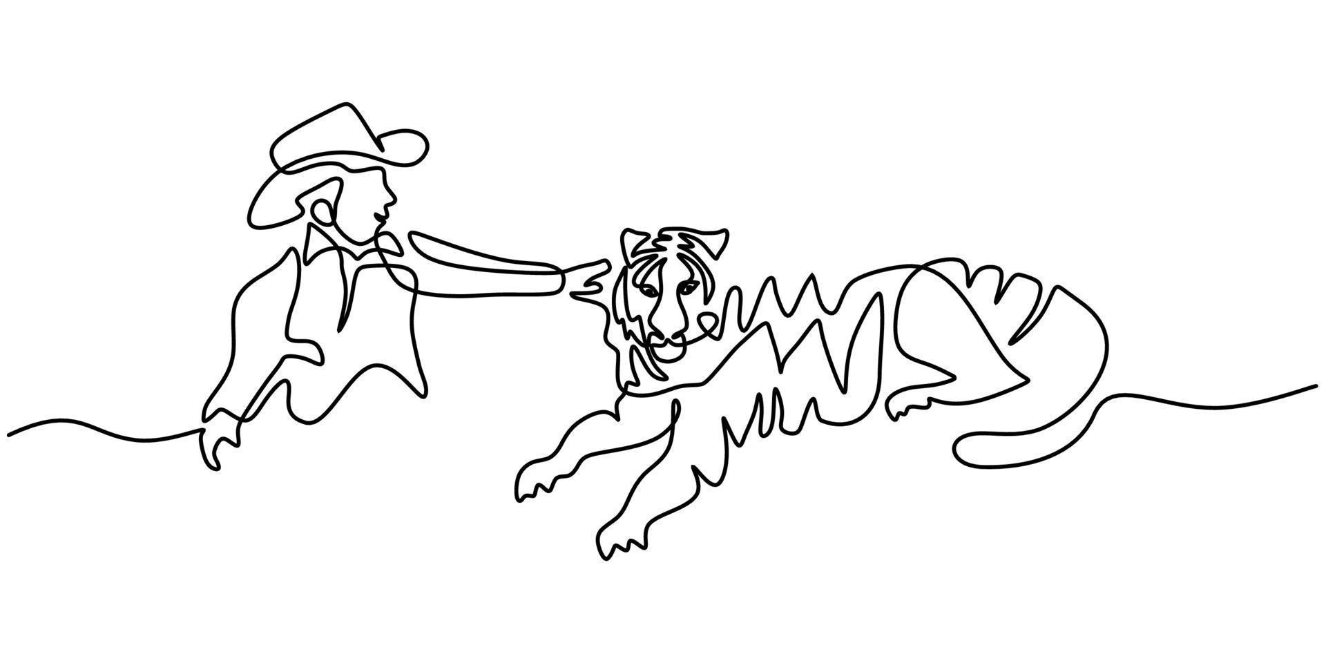 durchgehende einzeilige Zeichnung von Cowboy und großem Tiger vektor