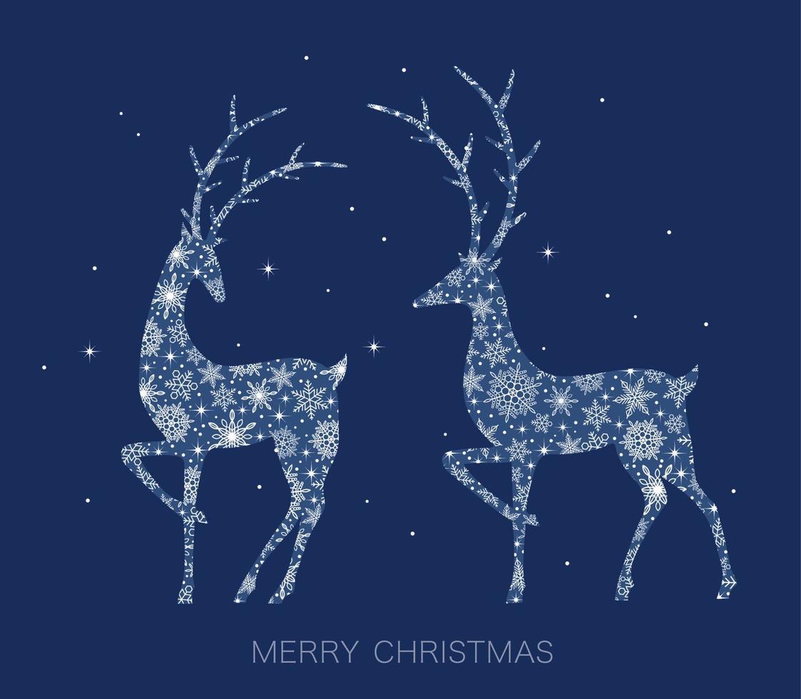Rentierschattenbild mit Schneeflockenmuster lokalisiert auf einem blauen Hintergrund. Weihnachtssymbolvektorillustration. vektor