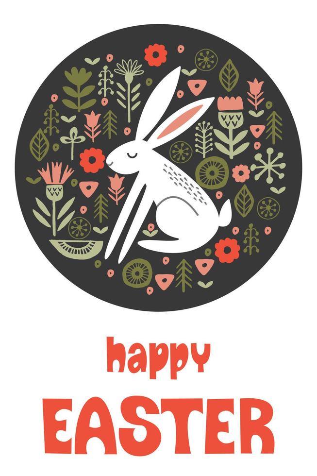 glad påsk. gratulationskort, vektor illustration. vit kanin i ett cirkulärt mönster av vårblommor.