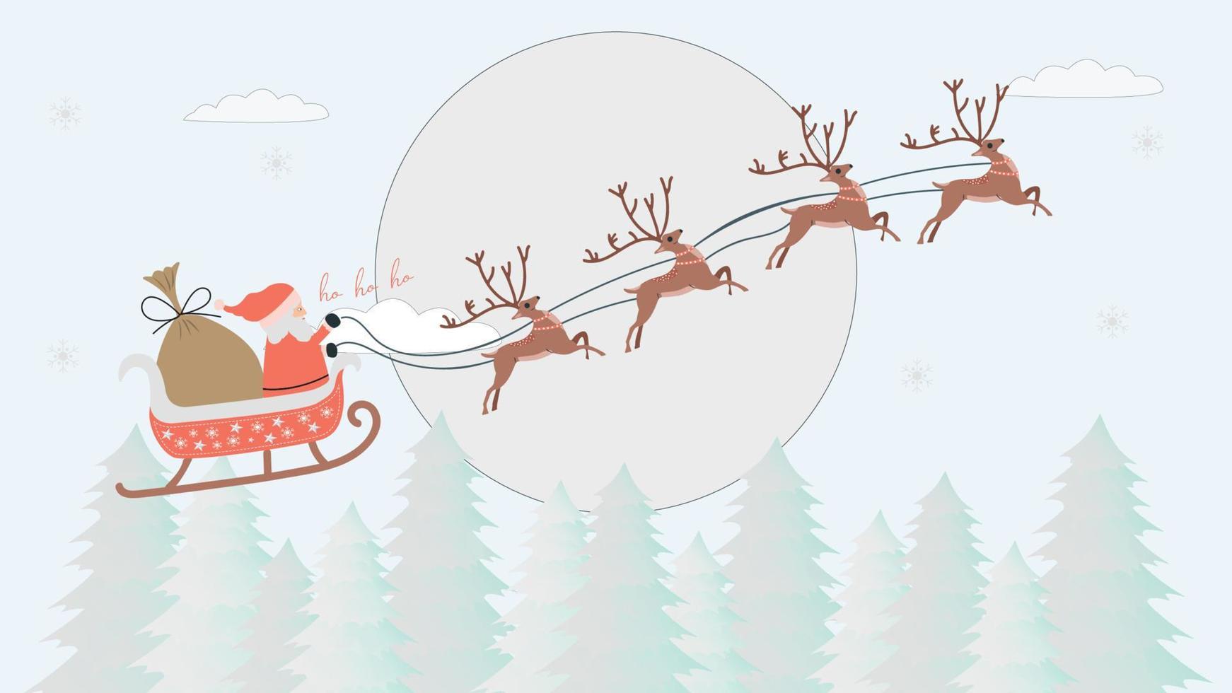 färgglada vinterlandskap med jultomten, renar och julgranar vektor