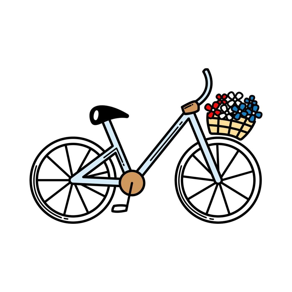 Cartoon-Fahrrad mit Blumenkorb. schwarz umrissenes Fahrzeug auf weißem Hintergrund. dekoratives Element. vektor