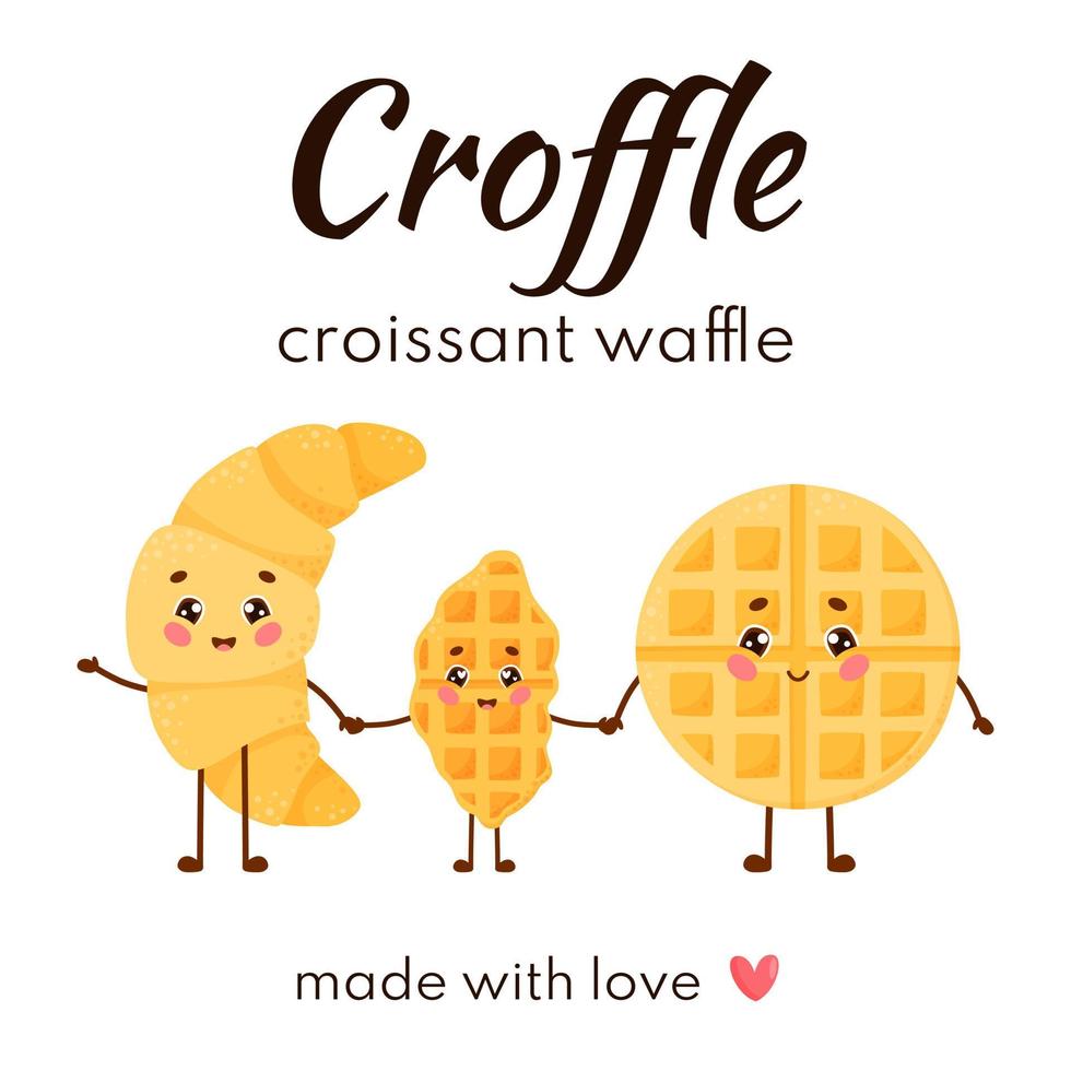 croffle familj koncept. tryck av croissant, våffla och croissant som håller varandra i hand med text. platt vektor isolerad på vit bakgrund.