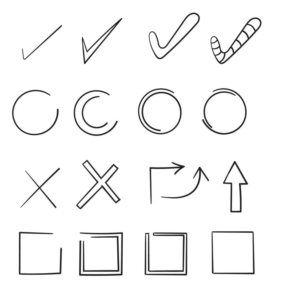 doodle hand dras kontrollera tecken. doodle v-markering för listobjekt, kritaikoner för kryssrutor och bockmarkeringar för skissar. vektor checklista markerar ikonuppsättning