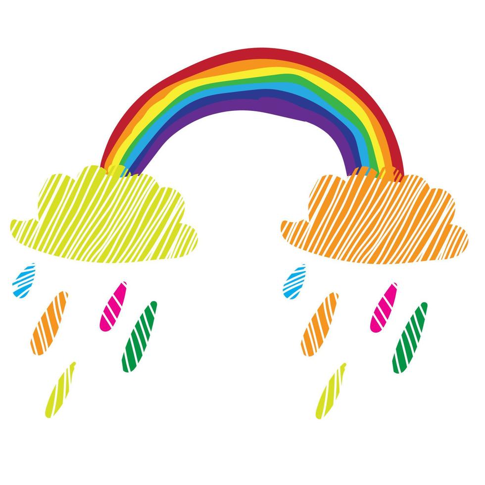 süßer Doodle-Vektor-Regenbogen mit regnerischen Wolken vektor