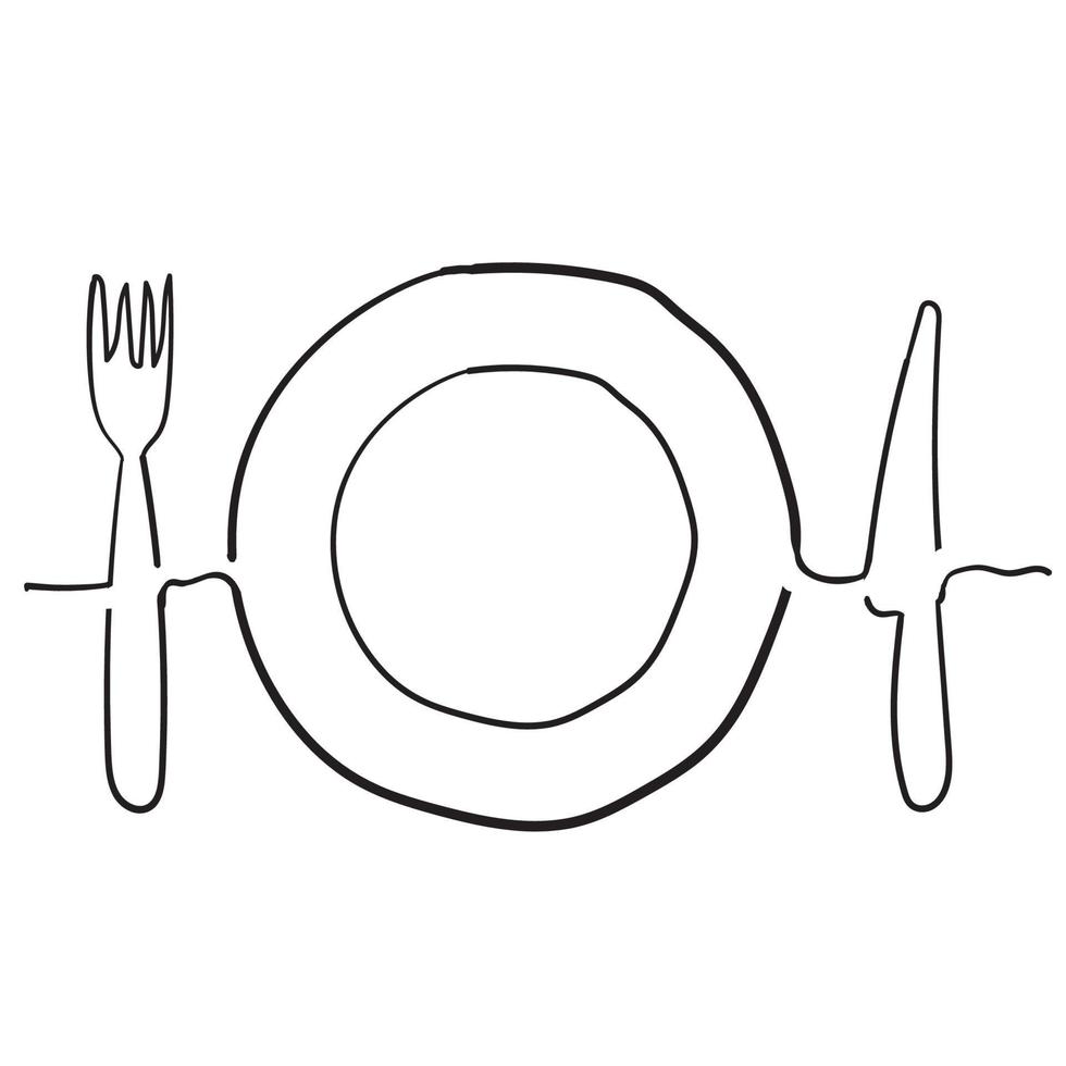 ritning av tallrik, kniv och gaffel handritad doodle stil vektor