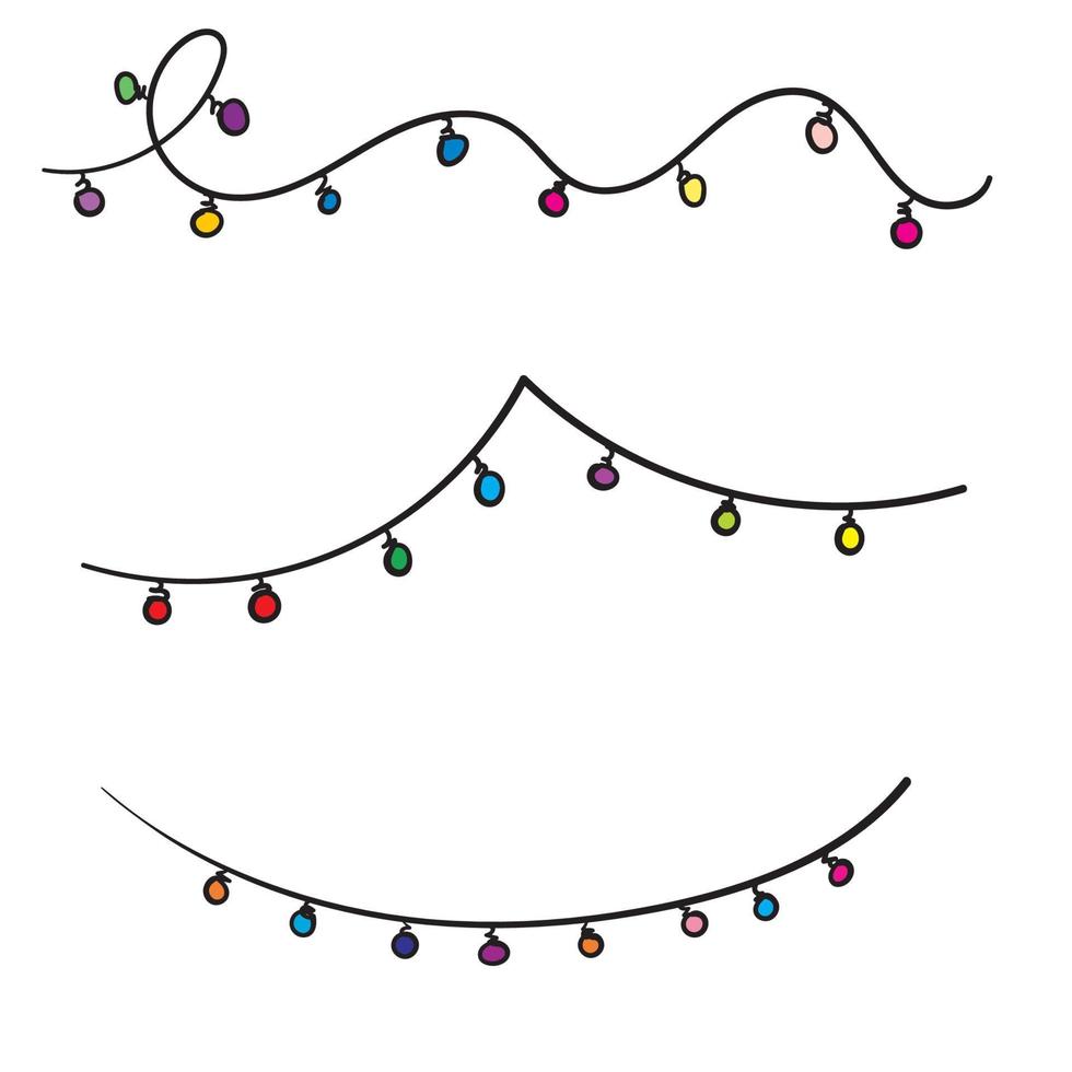 Gekritzel-Weihnachtslichter. Urlaub festliche Weihnachtsdekoration. bunte Lichterkette Lichterkette. Glühbirne leuchtende Girlande. Regenbogenfarbe. handgezeichnetes Design. weißer Hintergrund. isolierter Vektor