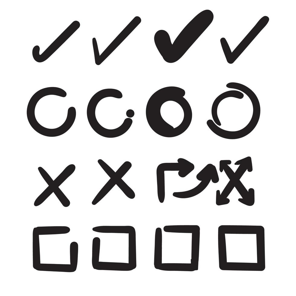 Gekritzel handgezeichnete Scheckzeichen. Doodle V-Markierung für Listenelemente, Kontrollkästchen Kreidesymbole und Skizzenhäkchen. Vektor-Checkliste markiert Icon-Set vektor