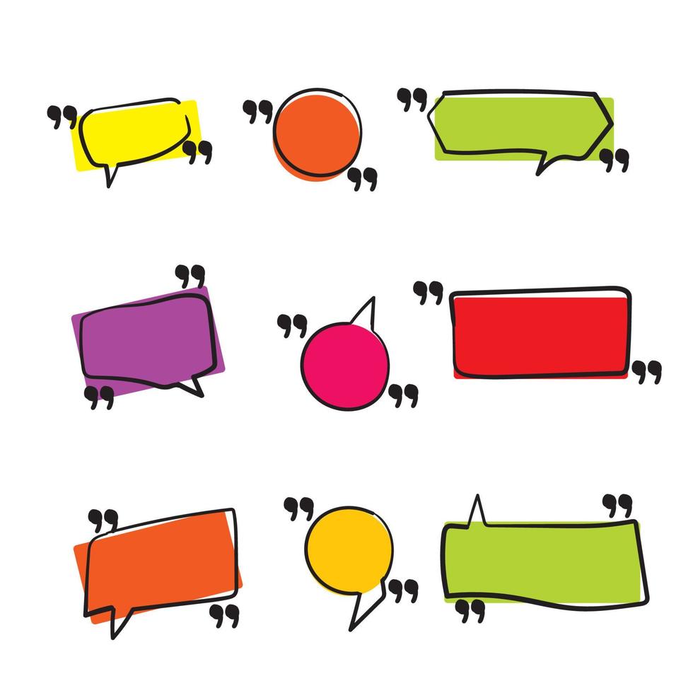 handgezeichnete SMS-Boxen mit farbiger Zitatbox-Sprechblasenvorlage für Textnotizklammern Zitatnachricht mit Seite mit leeren Rahmenaufklebern im Cartoon-Stil vektor