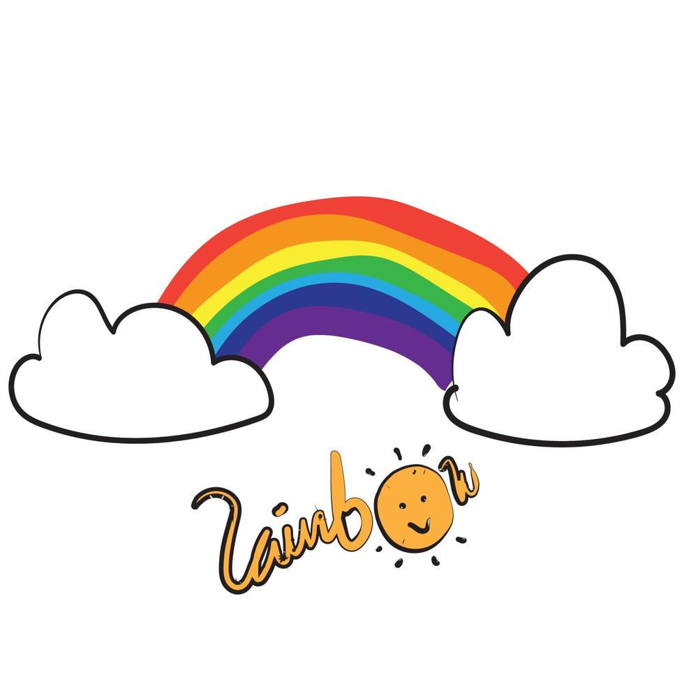 süßer Doodle-Vektor-Regenbogen mit regnerischen Wolken vektor