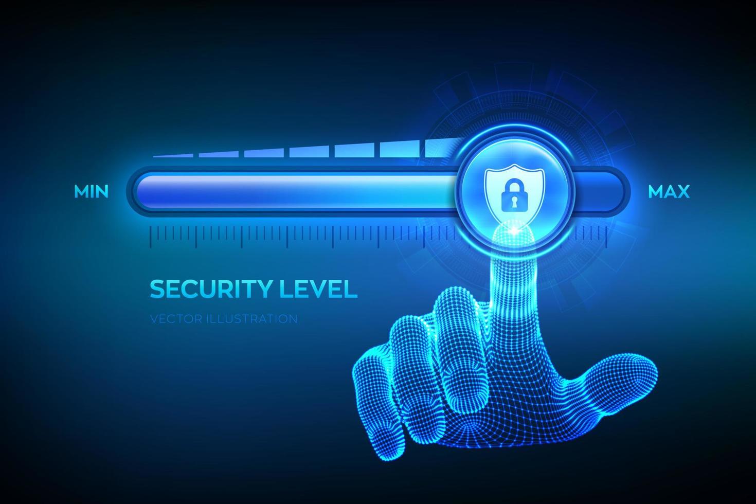 Sicherheitsniveau zu erhöhen. Cyber-Sicherheitskonzept. Wireframe-Hand zieht bis zur maximalen Positions-Fortschrittsleiste mit dem sicheren Schildsymbol hoch. Datenschutzniveau erhöhen. Vektor-Illustration. vektor