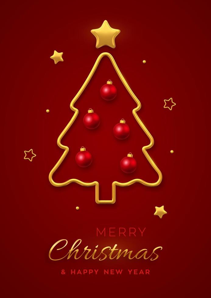 Weihnachtsgrußkarte minimales Design mit goldenem metallischem Weihnachtsbaum, roten Kugeln und goldenen Sternen. Neujahrsplakat, Cover oder Bannervorlage. Feiertagsdekoration. Vektor-Illustration. vektor