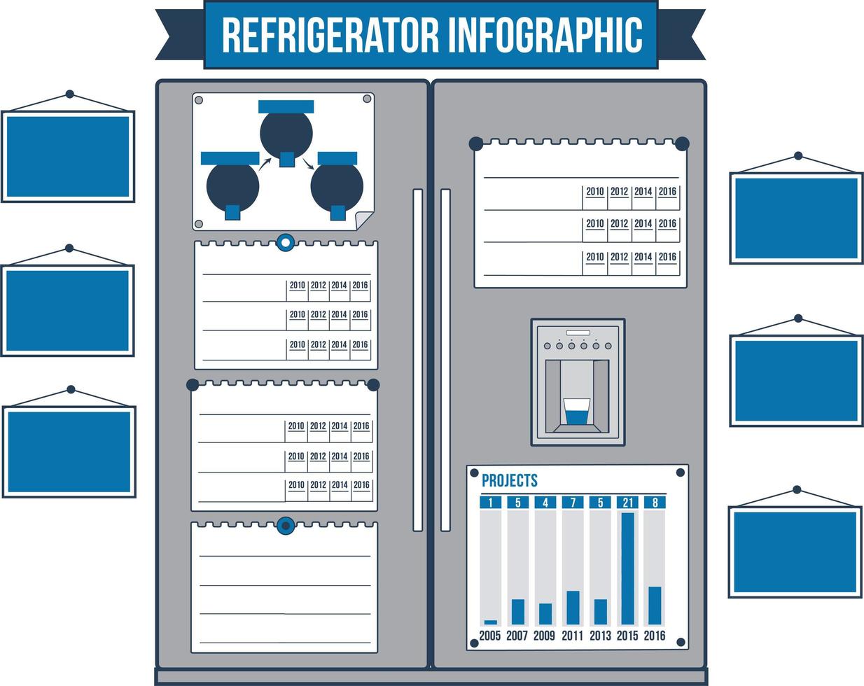 Kühlschrankillustration und Versorgungsdiagramme Konzeptzeichnungssatz vektor