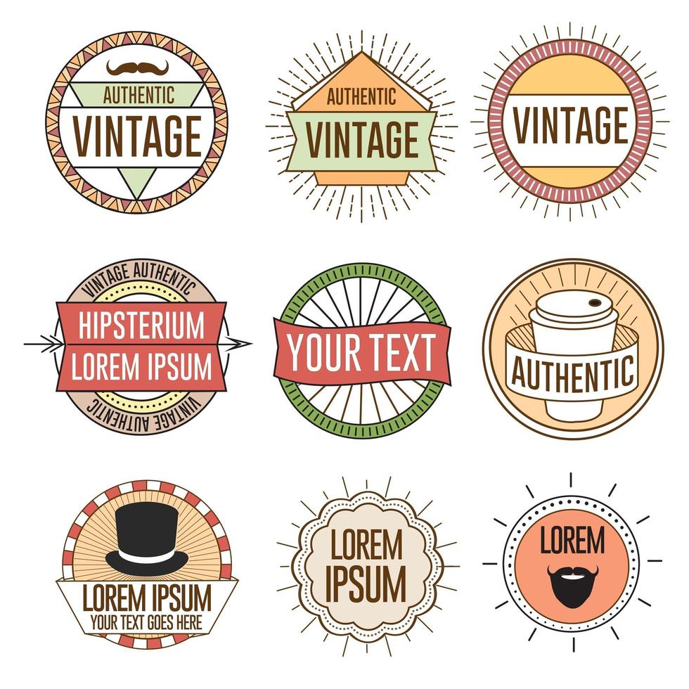 bunte Vintage-Abzeichen, Embleme, Etiketten-Logos-Vektor-Set-Pack vektor